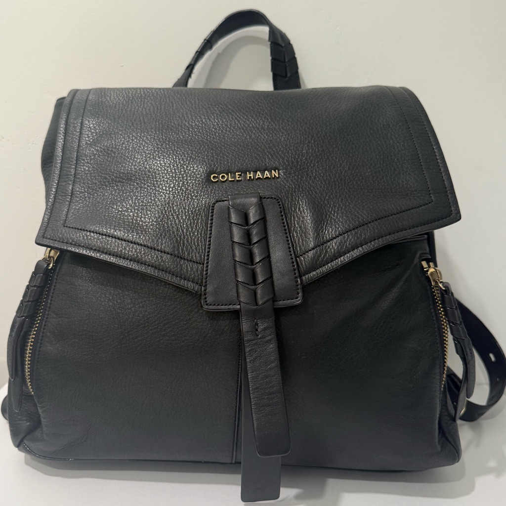 Cole Haan Felicity Palo Black Leather Backpack W/Blue Fabric Interior Woven Zip